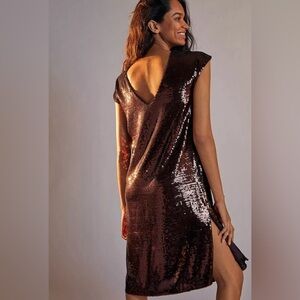 Anthropologie Maeve Women Kara Sequined Brown Mini Cocktail Dress Size SP